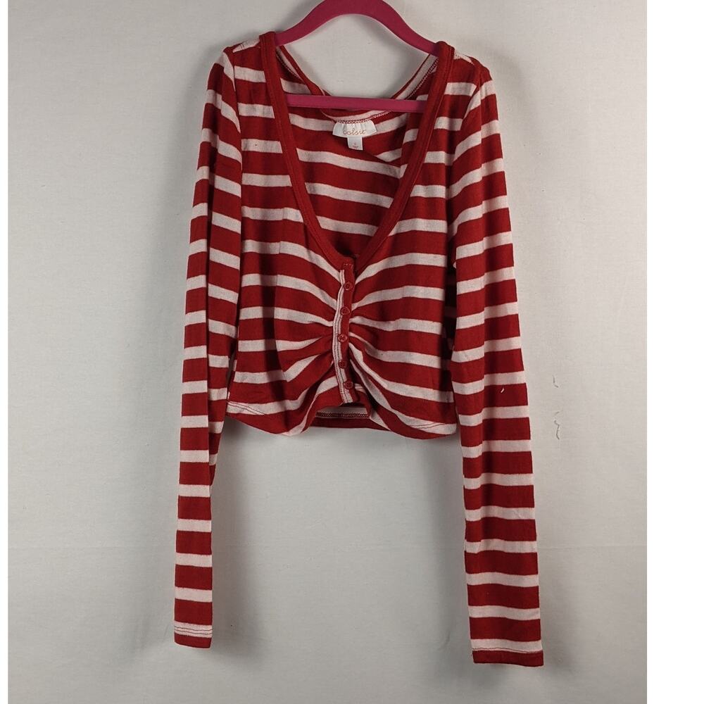 Colsie‎ Striped Button Up Sweater Cropped Small Candy Cane Red White Stripe Cute